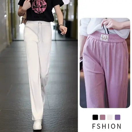 抽绳阔腿裤女高腰垂感2023春夏款宽松休闲显瘦设计感拖地针织裤子图片