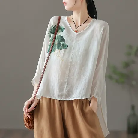 dza 复古苎麻七分袖t恤女士2022夏薄款半袖棉麻上衣宽松V领打底衫商品大图