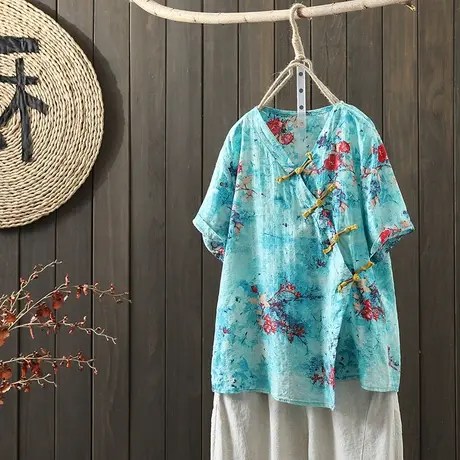 枫谜2021年夏季新款文艺印花斜肩盘扣棉麻短袖T恤女宽松亚麻上衣图片