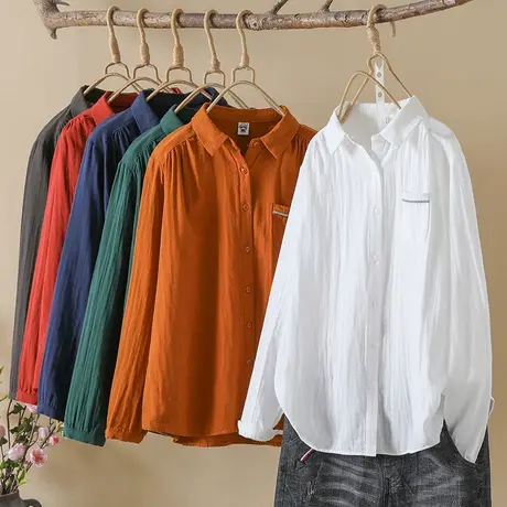 春秋季日系文艺双层棉纱口袋贴标长袖衬衫女上衣打底外套韩版休闲图片