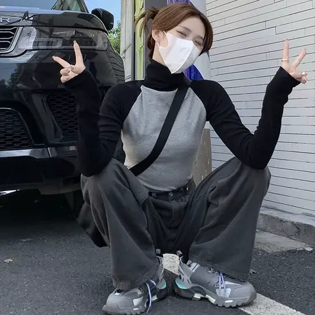 正肩高领撞色打底衫t恤女内搭冬季加绒修身显瘦长袖短款紧身上衣图片