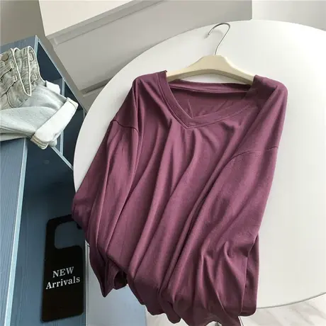 欧版型 简约大V领长袖T恤打底衫女宽松大码气质纯色棉质上衣T恤女商品大图