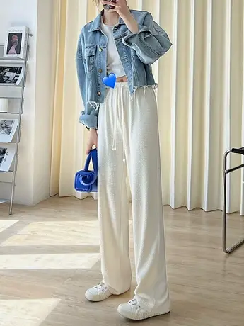 阔腿裤女春夏米色泡芙直筒高腰抽绳垂感2023年新款休闲遛弯拖地裤图片