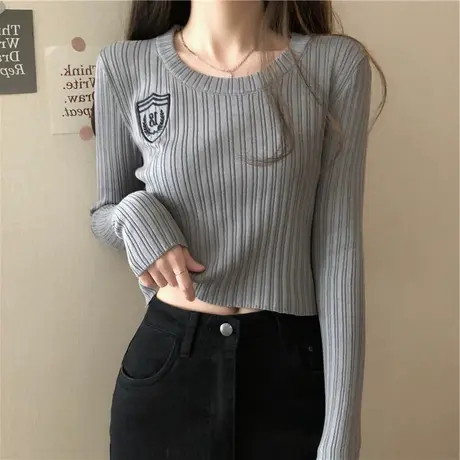 打底衫女春秋2021新款韩版修身短款高腰显瘦时尚上衣法式长袖T恤商品大图