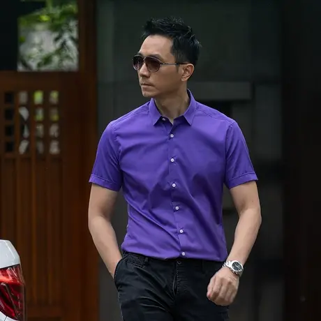 Seno夏季男士衬衫衬衣紫色商务休闲色修身半袖休闲纯色短袖衬衫商品大图