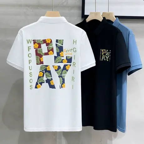 花卉字母印花polo衫男士翻领短袖t恤夏季冰丝百搭翻领T恤男装上衣商品大图