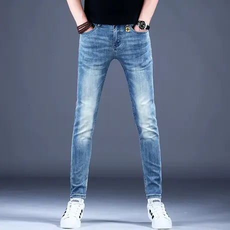 新款男士牛仔裤子简约美式精细修身小脚裤2023春夏男潮牌棉弹裤子商品大图