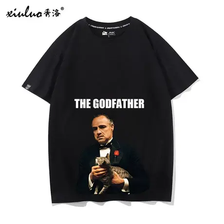 秀洛神父欧美高街风复古嘻哈黑帮教父人像印花宽松短袖T恤男半袖商品大图