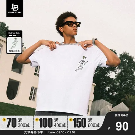 Lilbetter幸运手势男士短袖t恤刺绣体恤复古高街半袖简约美式衣服图片