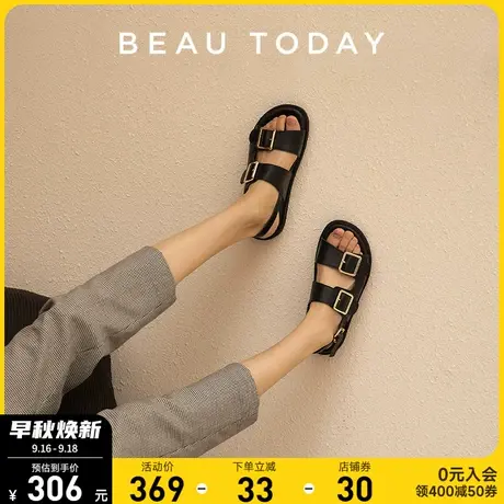 BeauToday厚底罗马凉鞋女夏平底软底真皮小众女鞋凉拖勃肯鞋黑色商品大图