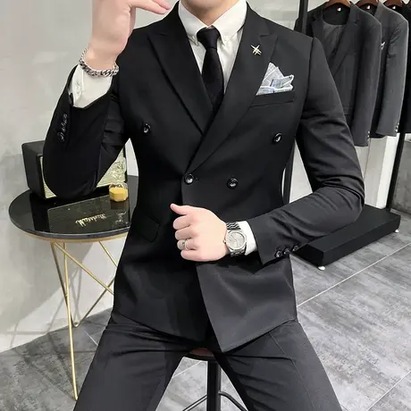 西装男婚礼新郎伴郎套装主持人商务休闲正装双排扣西服三件套高端图片