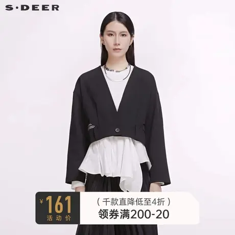 sdeer圣迪奥女装秋装字母开领落肩宽松黑色短款外套S20182202图片
