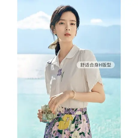 茵曼2023夏女装新款时尚百搭纯棉舒适绣花钉珠修身短袖衬衫衬衣商品大图