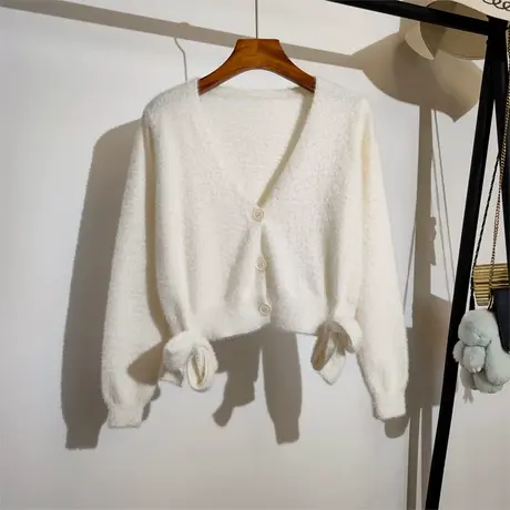 毛衣开衫外套女春秋新款韩系v领高腰短款蝴蝶结系带洋气针织上衣商品大图