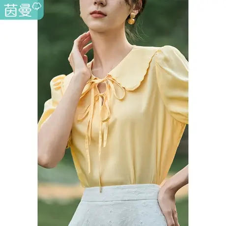 茵曼娃娃花边翻领衬衫女士2023年夏季新款泡泡袖系带甜美短袖衬衣图片