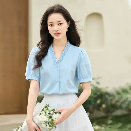 茵曼复古甜美衬衫2023夏女装新款打揽松紧V领小碎褶泡泡袖上衣商品大图