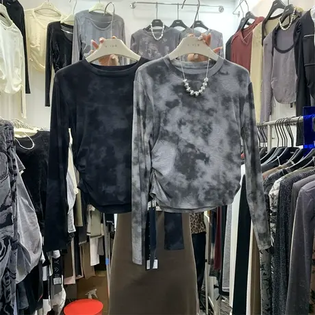 美式复古双侧褶皱晕染扎染长袖修身T恤女2023秋弹力百搭显瘦打底t图片