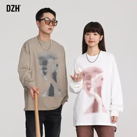 情侣纯棉t恤男长袖潮流宽松2023新款上衣秋季情侣装卫衣圆领套头图片