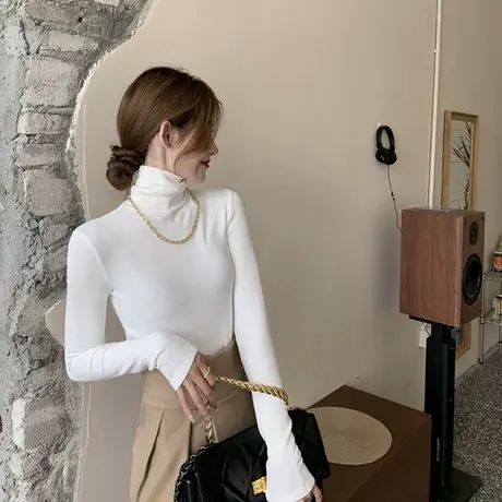 2023年新款春秋冬季白色洋气高领百搭打底衫内搭黑色长袖t恤女装图片