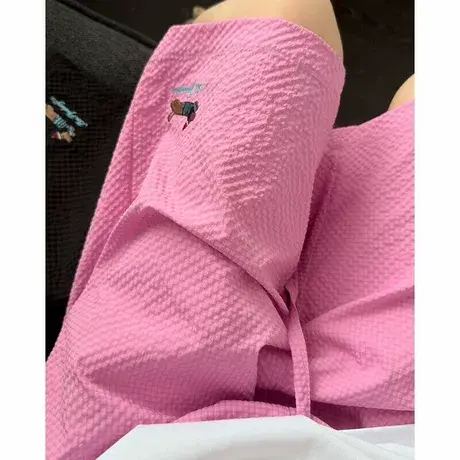 粉色多巴胺泡泡纱短裤男款腊肠小狗刺绣五分裤情侣沙滩速干休闲裤商品大图