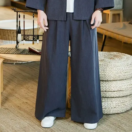 秋季国风棉麻茶艺禅服改良宽松直筒裤黑色中式休闲唐装男大码长裤图片