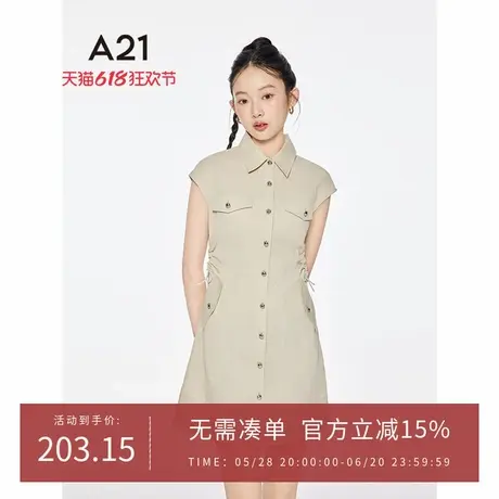 A21女装无袖抽绳修腰显瘦连衣裙2025夏季新款简约中长裙翻领A字裙图片