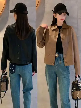 皮衣女2023新款早春休闲pu长袖韩版时尚百搭显瘦女装外套小众上衣图片