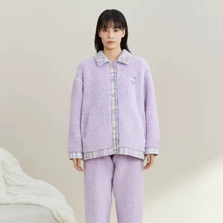 秋鹿毛绒睡衣女冬款羊羔绒保暖可外穿家居服套装长袖长裤拼接外套商品大图