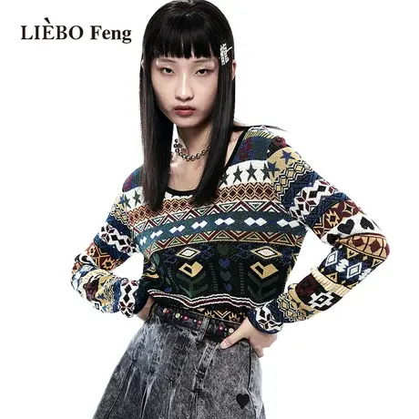 裂帛LIEBOFeng2023春商场同款简约圆领正肩修身复古提花针织毛衣商品大图
