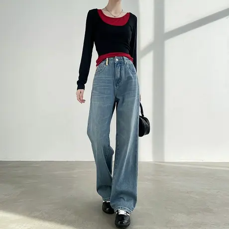 阔腿牛仔裤女2025春秋季新款高腰直筒蓝色水洗显瘦复古垂感拖地裤图片