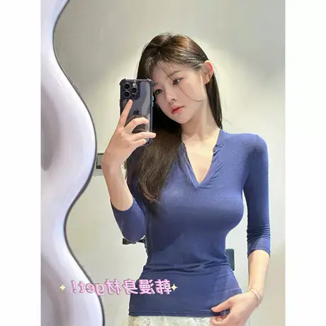 版型超A～性感薄透V领中袖T恤女百搭修身显瘦五分袖打底衫上衣新图片