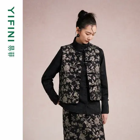 [专柜同款]Yifini/易菲新中式盘扣提花宽松短款棉服马夹气质外套商品大图