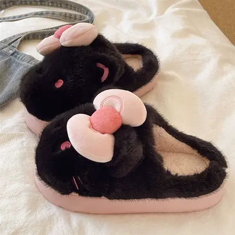 棉拖鞋女款冬季可爱蝴蝶结猫咪室内居家保暖毛绒防滑包头毛毛拖鞋图片