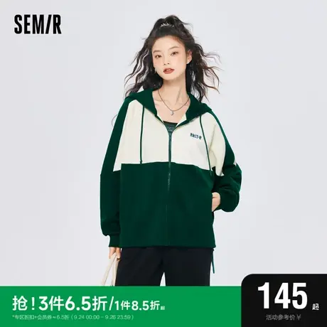 森马外套女字母刺绣宽松时尚秋季拼色插肩袖连帽针织夹克复古学院图片