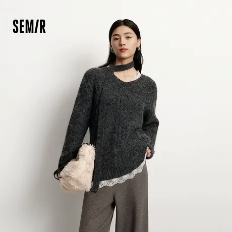 森马毛衣女冬围巾蕾丝V领绞花宽松2025新款慵懒优雅小性感套头衫图片