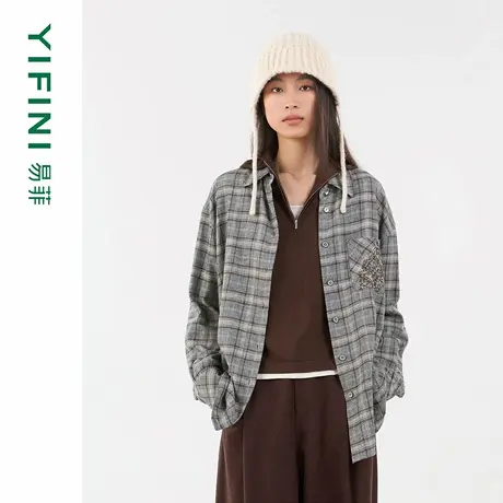 [专柜同款]Yifini/易菲木棉格纹磨毛肌理高级感宽松衬衫25秋新款商品大图