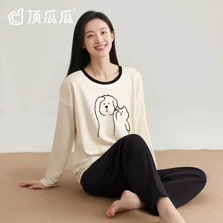 顶瓜瓜纯棉睡衣女生2025黑白撞色圆领长袖长裤女可外穿家居服套装商品大图