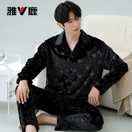 雅鹿海岛绒睡衣男款秋冬季开衫加绒加厚保暖青少年男生家居服套装商品大图
