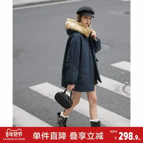 唐狮2026冬季女连帽中长款棉服卡其潮流时尚气质风衣学院风休闲商品大图