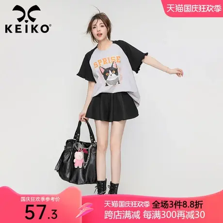 惊奇喵印花插肩短袖t恤2023夏季美式复古密织纯棉圆领上衣打底衫商品大图