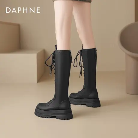 达芙妮厚底长筒靴女2025新款秋冬增高骑士靴高筒靴系带加绒马丁靴图片