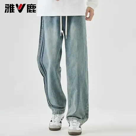 雅鹿宽松浅蓝牛仔长裤2026春夏季新款男中腰抽绳潮牌百搭休闲长裤商品大图