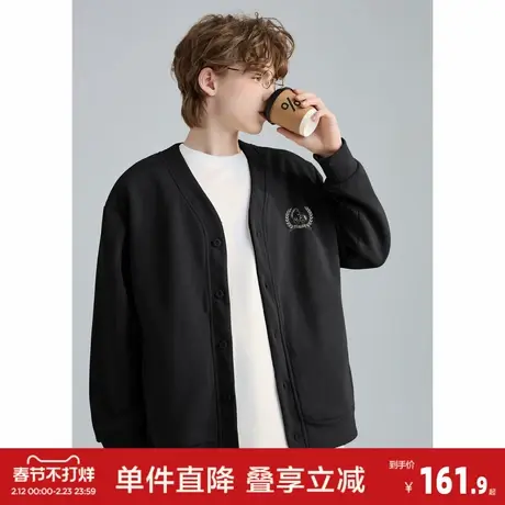 唐狮2026春季新款开衫卫衣外套男黑色印花设计美式学院风男款上衣图片