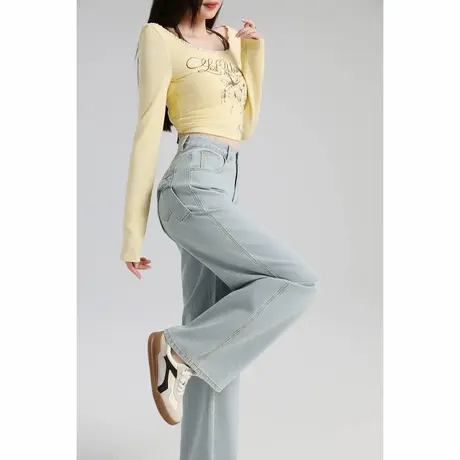 唐狮秋冬季牛仔长裤口袋蝴蝶结设计感少女风减龄阔腿裤显瘦TUTA图片