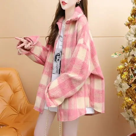 复古港味毛呢格子衬衫外套女2023新款秋冬宽松设计感欧版大码上衣商品大图