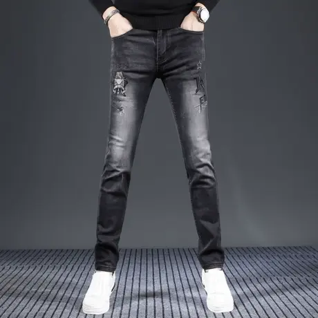 高端潮牌刺绣牛仔裤男秋冬款修身小脚裤2023新款潮流弹力绣花男裤商品大图