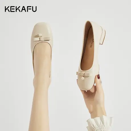 珂卡芙浅口单鞋女鞋秋季2023新款粗跟玛丽珍小皮鞋方头女鞋豆豆鞋商品大图