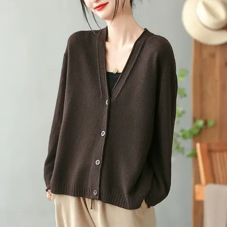 dza复古宽松显瘦V领针织开衫女春秋新款休闲毛衣外套女装短款上衣图片