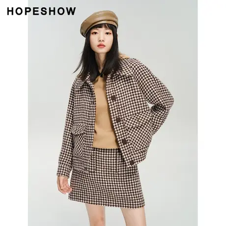 红袖outlets复古格纹夹克式外套hopeshow2023冬款翻领短款上衣女商品大图