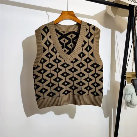 格子针织马甲女秋冬2023新款复古提花设计感小众毛衣坎肩背心外穿图片